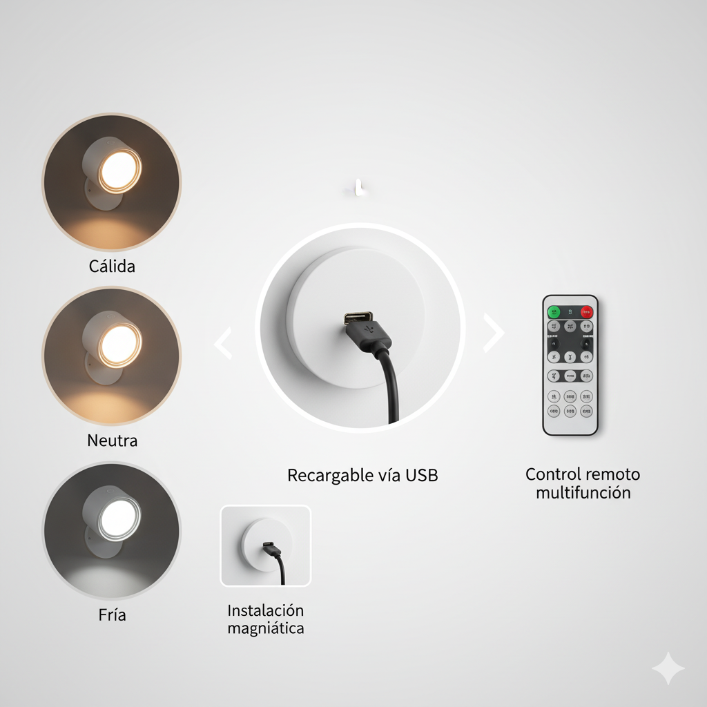 LÁMPARA NOCTURNA DE PARED RECARGABLE CON CONTROL REMOTO 🩵