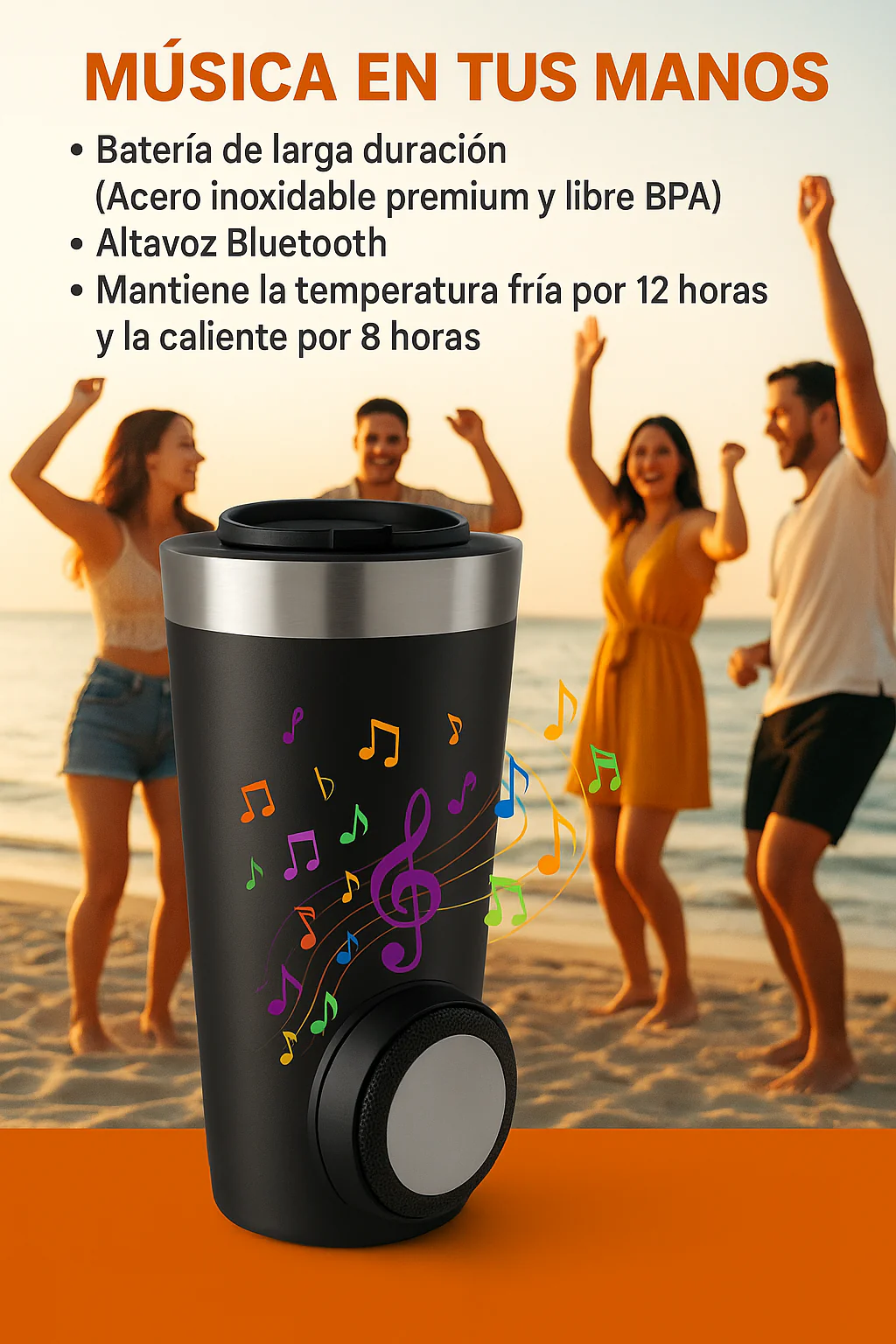 Vaso térmico con bocina Bluetooth | Mantiene frío/caliente + música