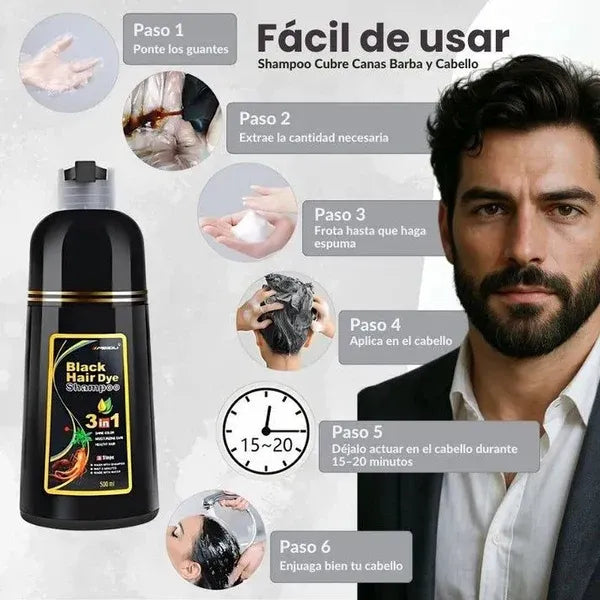 Champú Tinte negro 3 en 1 – Lava, Tiñe y Cubre Canas al Instante